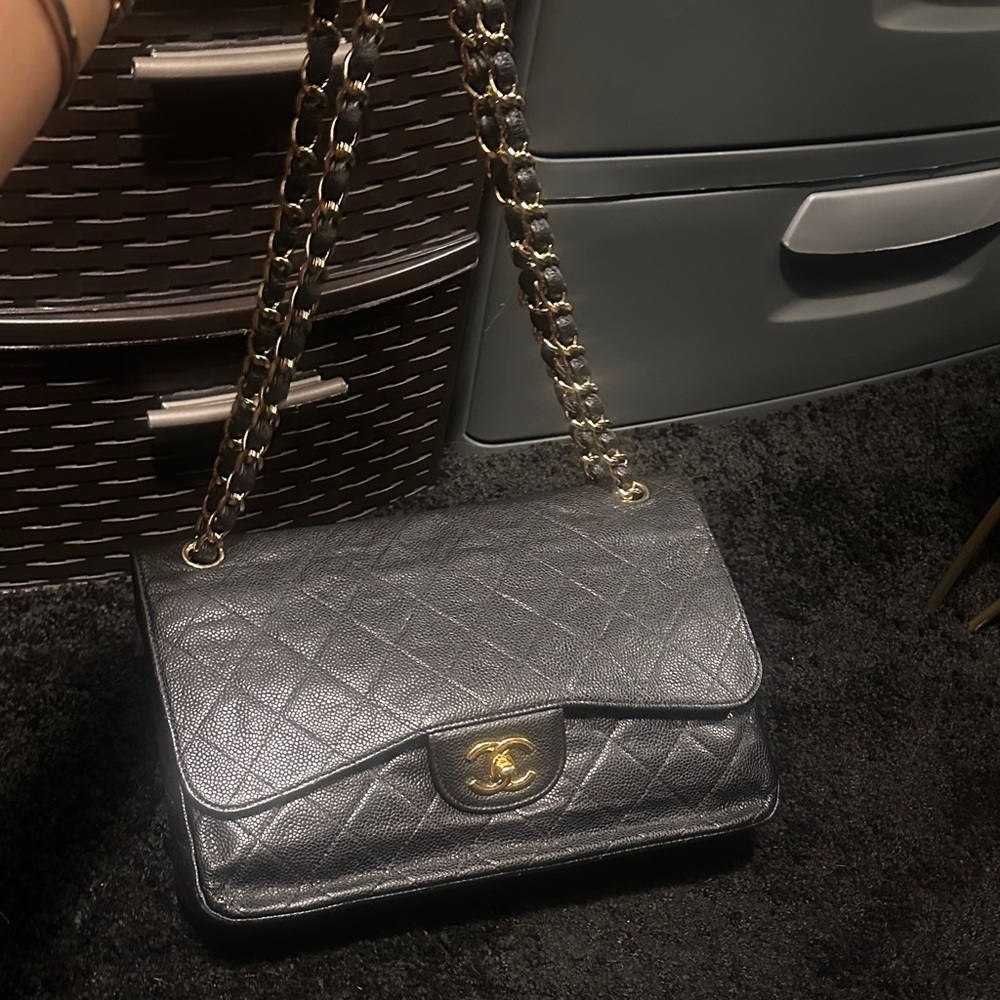 Chanel Quilted Jumbo Caviar Double Flap Shoulder Bag in Black with Gold Hardware